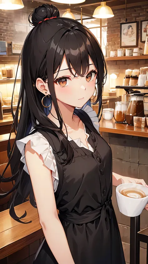 Highest quality, High resolution,thin、Brown eyes、expensive、Black Hair、（amount:1.3)、(semi-long:1.3),Hair Bun、(Cafe:1.4)、Sleeveless、(Black blouse:1.3)、cardigan、Earrings
