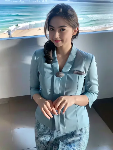 1girl, solo, standing, at the beach, beautifully ocean scenery, cute little smirk, detailed eyes, thick medium breasts, smooth realistic skin, wearing flight attendant uniform, looking at the audience, (Overhead shot:1.3), (zoom out:1.4), (8k, RAW photo, ...