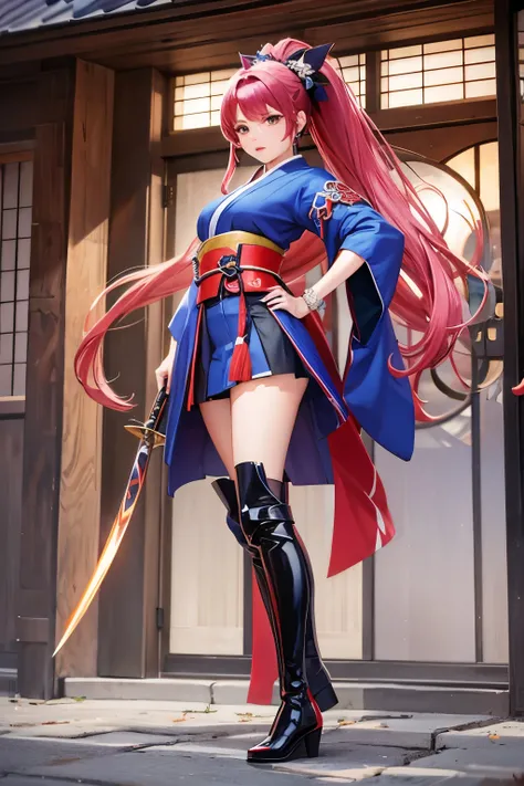 A 20-year-old female character in a flashy haori, mini hakama, knee-high boots, with long ponytail hair, holding a flaming sword, in the style of Japanese anime.
