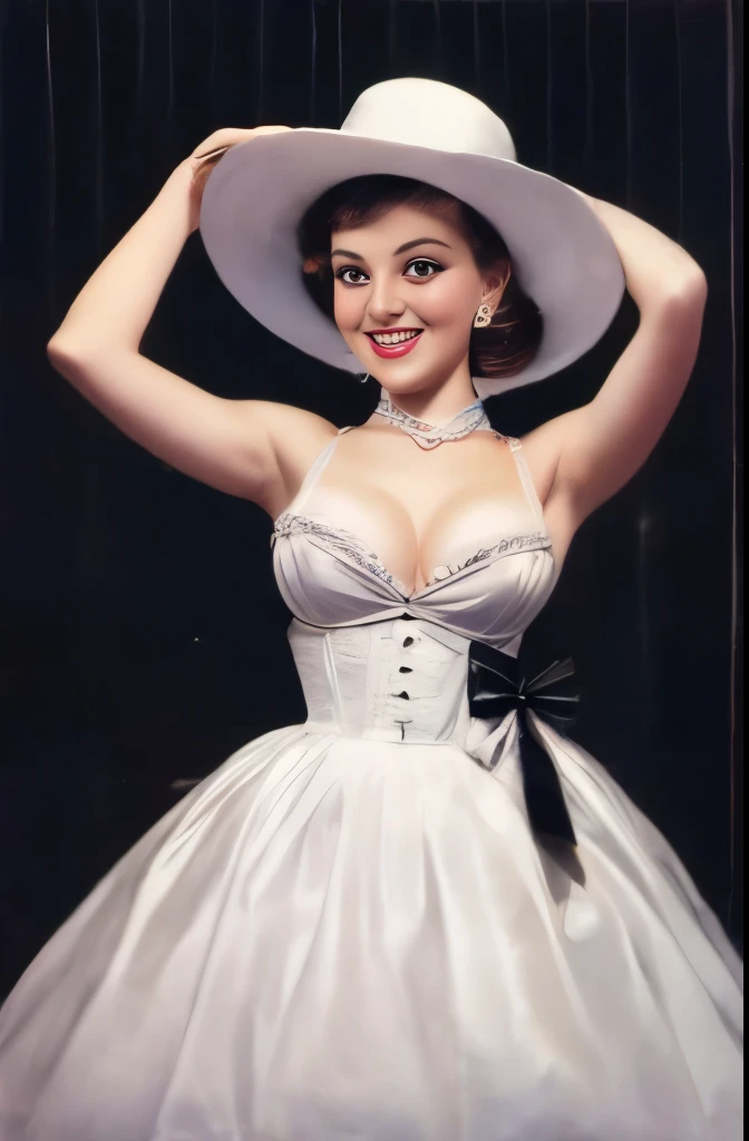 arafed woman in a white hat and black dress with a black bow, in costume, by Stan Galli, by Kurt Seligmann, “ painting, by Allan Linder, by Earle Bergey, old hollywood, by Carl Eytel, by Cecil Beaton, by Hans Schwarz, vintage movie shot, circa 1940s, vinta...