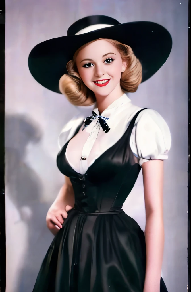 arafed woman in a white hat and black dress with a black bow, a colorized photo by Stan Galli, flickr, pop art, in costume, “ painting, old hollywood, vintage movie shot, circa 1940s, vintage color photo, 1952, belle, 1 9 5 5, 1955, 1940s