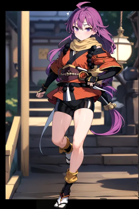 masterpiece, Highest quality, Perfect Face, Highest Resolution, Highest quality,Detailed depiction of the eyes, 8k, 1 person,  View your viewers,Detailed skin, account statement, Combat Stance, Long hair tied low, balck spats(Bike Shorts), scarf, kimono,  ...