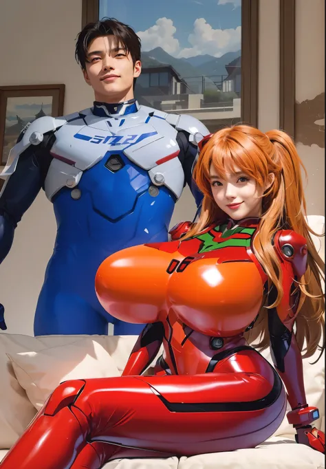 brown eyes:1.5,smile,looking at the camera,Anime characters sitting on a sofa in a living room, body and soul! Asuka suit, Asuka suit under clothes!, Asuka langley sohryu, Asuka langley souryuu, Asuka langley soryu, Asuka langley, BoobsCyberpunk, Asuka, Bi...