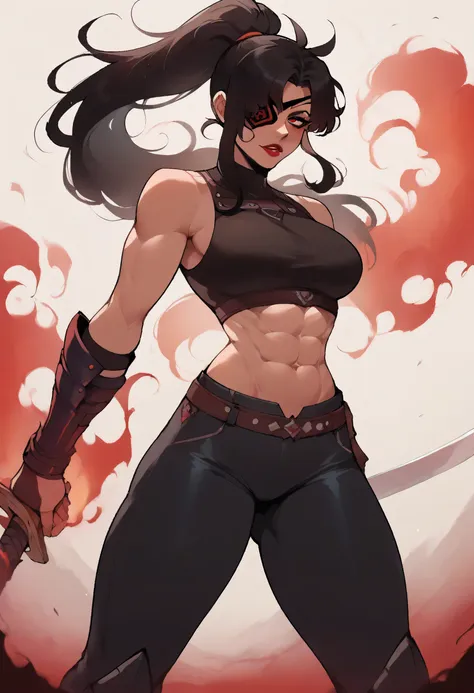 ((score_9, score_8_up, score_7_up, score_6_up), (adult, seductive face, seductive expression), action pose, ponytail black hair, hair over eye, abs, big breasts, eyepatch, red eyes, red lips, eyeliner, tight leather armor, sleeveless, holding sword, flame ...