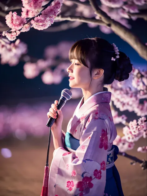 Highly Details, 8k, masterpiece, beautiful lighting, woman in kimono singing with microphone under cherry blossom tree, realistic. Cherry blossom petals dancing in the night Moonlight, gentle breeze Lonely heart, looking for light Under the bright stars. M...