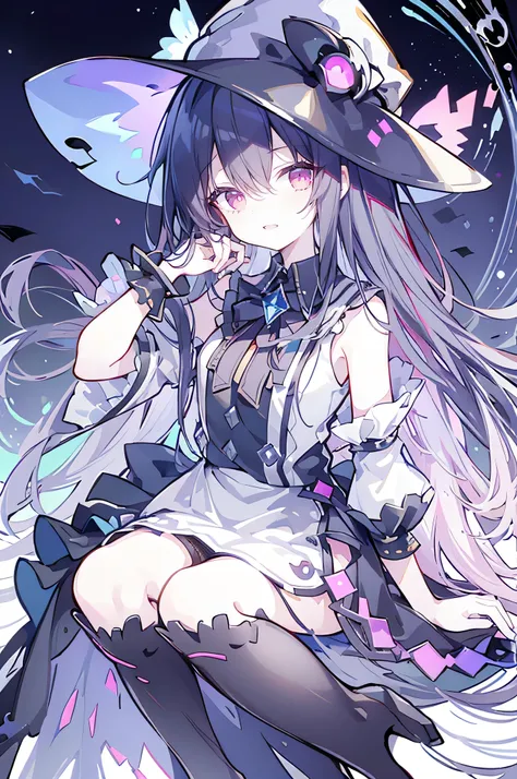 oung Girls,Humanity,A magician always smiles,big witch hat,cute,dark blue long hair,The eyes are dull,The bangs are heavy,Thin eyebrows,fantasy,intake,Double teeth,Star Theme,Constellation pattern,Solid color clothetal decoration,cloak,A bit of a dark atmo...