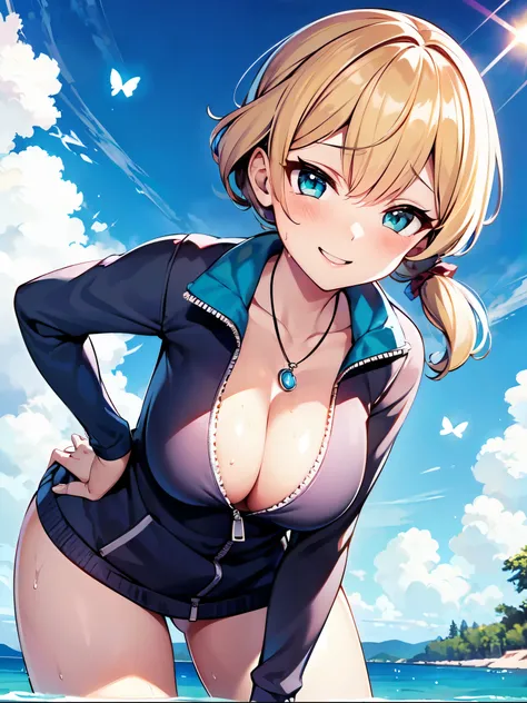 （（super high quality,Ultra-high resolution,16K,super masterpiece,Ultra HD,Ultra high definition:1.3,））One Girl,（Blonde:1.5,Short wavy hair:1.3）,Short Side Ponytail,（Butterfly Shape,Black and purple hair band:1.4,）Emerald eyes,Cleavage,sexly,（（The chest is ...