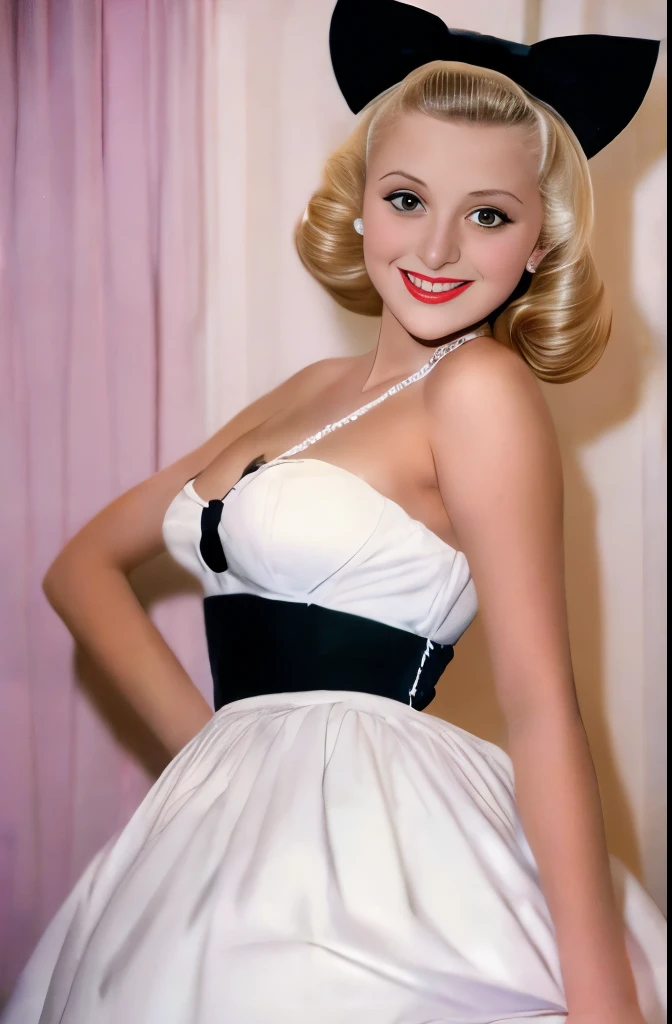 arafed woman in a white hat and black dress with a black bow, a colorized photo by Stan Galli, flickr, pop art, in costume, “ painting, old hollywood, vintage movie shot, circa 1940s, vintage color photo, 1952, belle, 1 9 5 5, 1955, 1940s