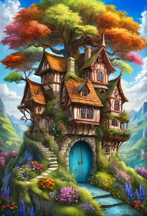 Vibrant, detailed digital painting of a whimsical, multi-story house perched on a rocky cliff. The house features a mix of wooden and stone elements, with steep, red-tiled roofs and multiple chimneys. The structure is surrounded by lush greenery, including...