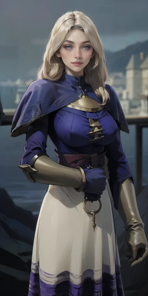 (chest covered)(smile)Gray skin, pale golden hair and violet eyes. They prefer clothing of white and silver with cloaks of deep blue or purple,village background, huge_knockers, ((very precise detailed)), ((highres)