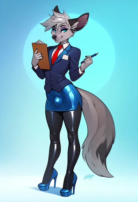 (score 9 up, score 8 up, highest score, highest quality),
 akkla_(akkla), animal ears, furry male, blue eyes, short hair, makeup, shiny eyeshadow, jewelry, earrings, ear piercing, tail, grey hair, high heels, clipboard, grey fur, wolf tail, femboy, tights,...