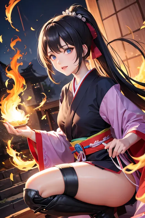 A 20-year-old female character in a flashy haori, mini hakama, knee-high boots, with long ponytail hair, holding a flaming sword, in the style of Japanese anime.
