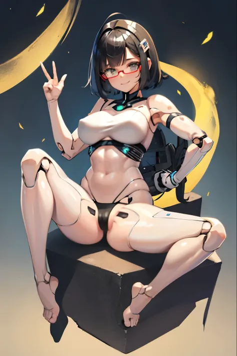 android, beautiful robot. Her curly short black hair is very short like army man, big smile, middle age, joint seam, black eyes, full body figure, Height: 160cm, She wears only micro mini pantie, show pantie, Uplifting, 21th century japan animation, she wa...