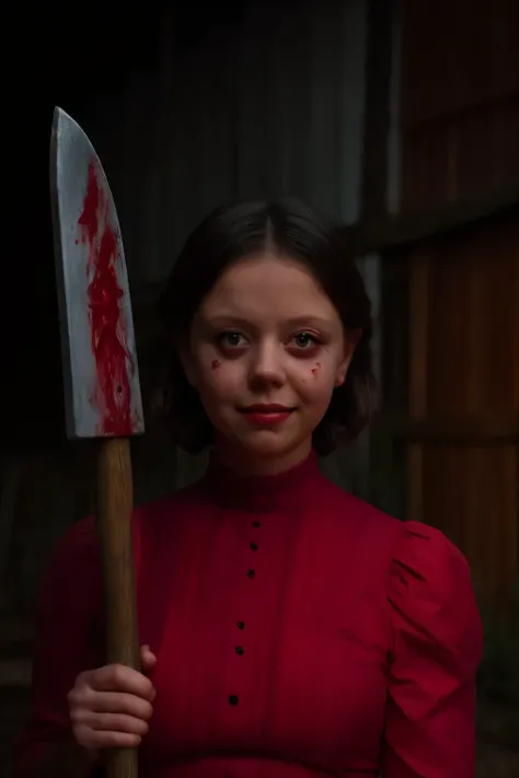 (Pearl from A24s movie), (((holding a bloody axe))), ((Wearing a Red dress)), ((large smile)), (cinematic lighting), blood, (hyper-realistic style), (vintage 1910s rural setting), (dark and eerie atmosphere), (dramatic shadows), (close-up shot), (bloodstai...