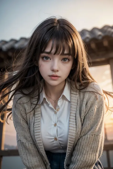 (A beautiful young girl with symmetrical facial features), (long wind-blown hair), ((wearing a school uniform with a cardigan)), bangs, thigh,looking down at the viewer, sunset lighting, ((large breasts)), detailed eyes, detailed lips, extremely detailed f...