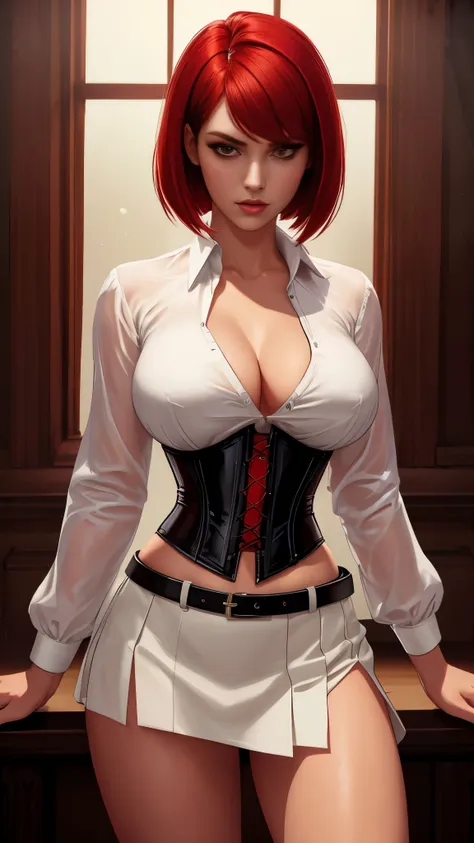 a gorgeous woman wearing a white silk shirt with a deep v neck, tiny white miniskirt, and a belt, cinched waist, bright lighting, photorealistic, high fashion editorial, crimson hair, vampire, corset, looking at camera, bobcut hair, undercut hair, red pant...