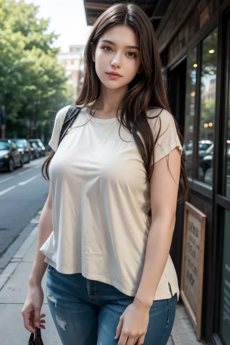 A tall, curvy woman with naturally textured skin and long, dark brown hair, wearing a modern casual outfit. She is in an everyday environment, like a coffee shop or a park, with natural lighting. His expression is relaxed and authentic, capturing a spontan...