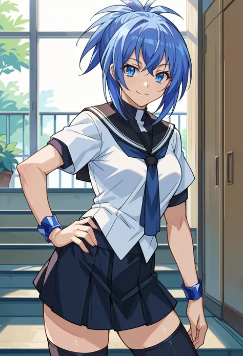 score_9, score_8_up, score_7_up, 1girl, solo,Natsuru, blue hair,blue neckerchief, school uniform, serafuku, thighhighs, single blue bracelet, standing, posing, slight smile, hand on hip, looking at you, school