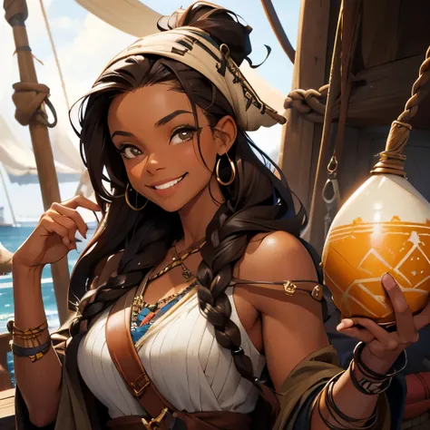 human female, modest, pirate attire, fully clothed, dark hair, brown skin, toned muscles, curvy figure, tribal braided hair, smiling, cheerful, trinkets in hair, in the rigging