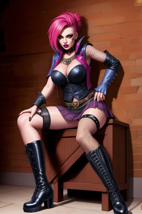 punk sorceress, sitting, wand, boots, fishnet stockings, mini skirt