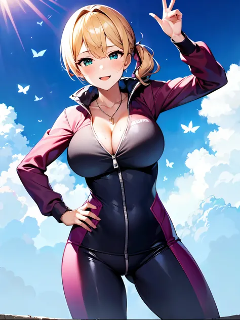 （（super high quality,Ultra-high resolution,16K,super masterpiece,Ultra HD,Ultra high definition:1.3,））One Girl,18-year-old,（Blonde:1.5,Short wavy hair:1.3）,Short Side Ponytail,（Butterfly Shape,Black and purple hair band:1.4,）Emerald eyes,Cleavage,sexly,（（O...