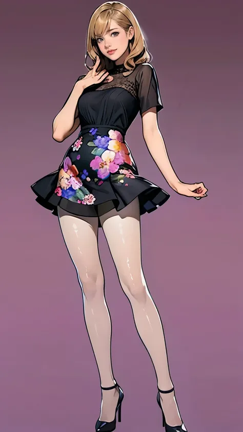 ((masterpiece)),(((Highest quality))),Thin thighs,Long legs,whole body:1.5，(One Girl:1.3),(Black pantyhose and thick pointy heels：1.3),(Wearing a floral miniskirt dress:1.2),Short Blonde:1.2、Model pose，