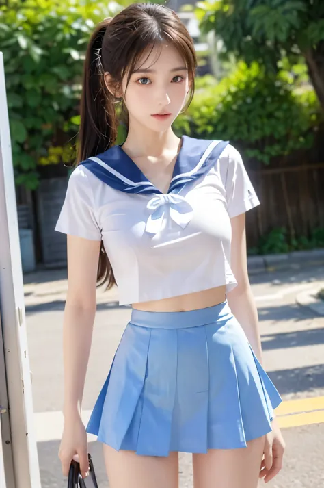 (Ultra HD), (looking at the camera), (Light blue sailor suit, Light blue mini skirt), Big Breasts, slender, Narrow waist, (The belly button is visible:0.8), whole body, Standing posture, (Beautiful Skin, Shiny skin, White skin), (Super slim face, Super bea...