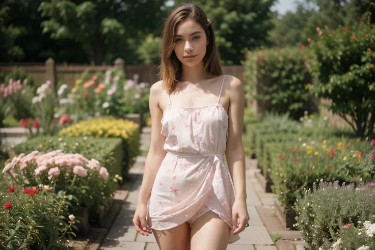 8k, raw photo, fujifilm, Style photography of a beautiful young girl like Avril in a light pink rose garden. (very detailed skin: 1.2) Style-Petal BREAK short hair, blonde hair with colored highlights, wearing a dress, film grain, 35mm, beautiful style