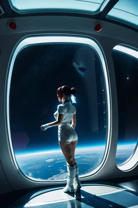 full length space girl at the glass window of a spaceship with a view of outer space