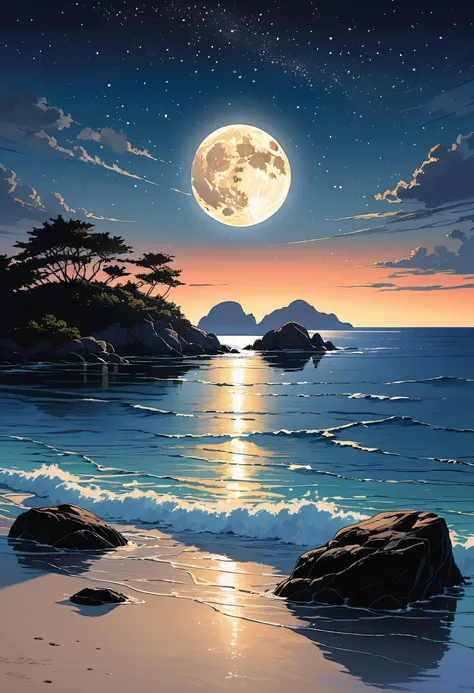 Under the serene glow of a full moon, a tranquil sea stretches out into the horizon. The moonlight casts a silver sheen over the gentle ripples of the water, creating a shimmering path that seems to lead to the moon itself. Soft waves lap at the shore, whi...