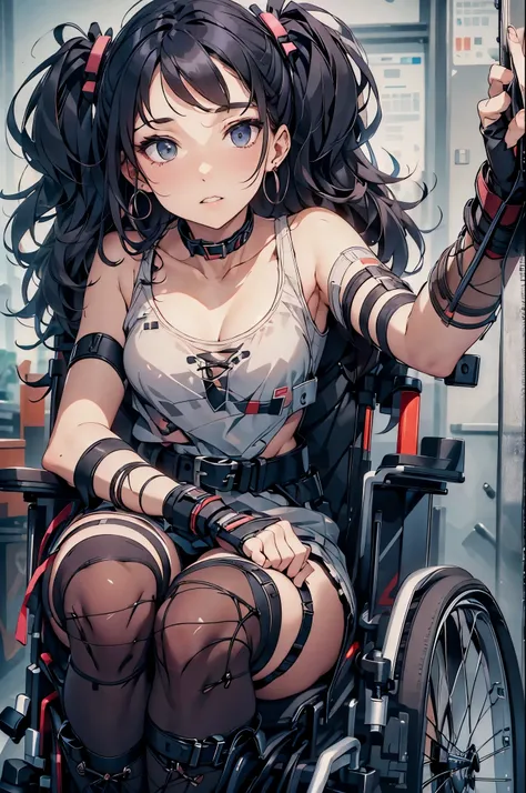 ((24 years old disabled woman in reclining electric wheelchair)),glaring,hair above eyes,heavy make up,twintales hair,((sliver h...