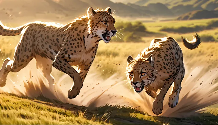 (Cheetah), grassland, run, speed, grace, wild, fast, nature, Predator, Brilliant, Chasing prey, muscle, Powerful, Sunshine with vast grassland as background、A photo of Cheetah running at full speed。Emphasizing Cheetah's muscle movement and speed、The li...