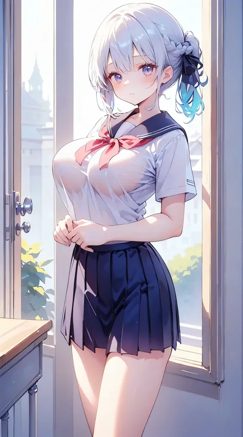 Ultra-high resolution, 8k,high quality,(((Ultra-short stature,Gargari body,Slender,,school uniform、Cute hairstyle))),(Landscape angle,Cunning Hand),(iridescent light,soft shadow,Anime Painting,thin line drawing),One Little Woman,(((Big Breasts))),