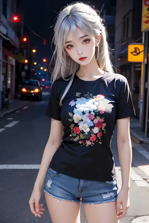 masterpiece, ultra detailed, 1 female,solo, realistic,street ,t-shirt,shorts,white hair
