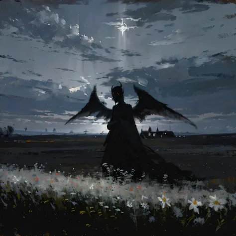 Create an image in dark, depicting a distant figure in white with long white wings in a field among flowers. The background should be dark and atmospheric, with low clouds and dim lighting. Pay attention to the details of the wings and overall composition ...