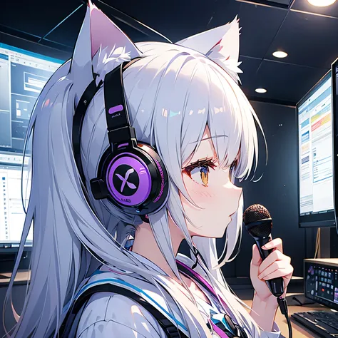 Distributor、Cat ear headphones、monitor、profile、beautiful girl、prism、Condenser microphone