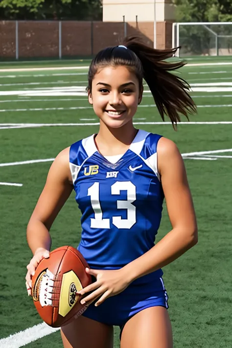 College girl playing football field beauty girl