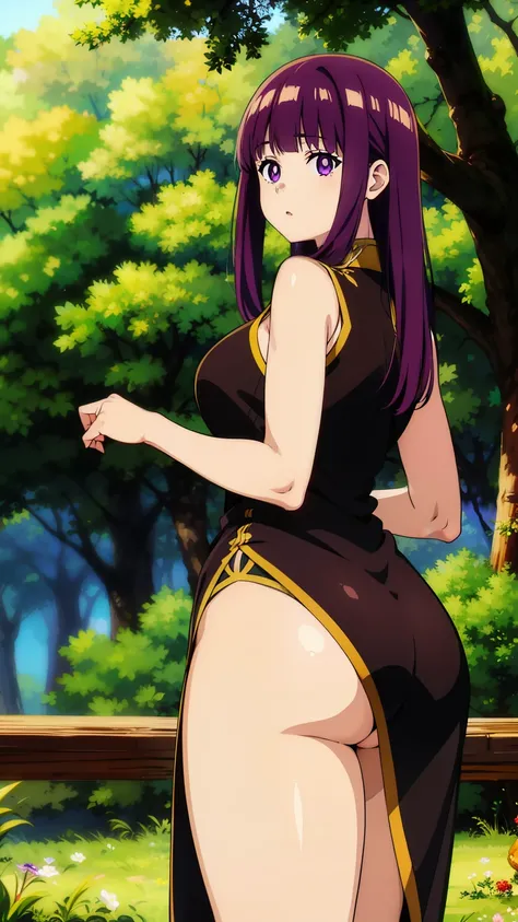 freirenfern, fern, purple hair, long hair, purple eyes, blunt bangs, goddess of beauty, image from behind, side locks, half up, bright pupils, (thick ass, one girl), (masterpiece, highest quality, high resolution, 8K:1.2), (anime), super resolution, highly...