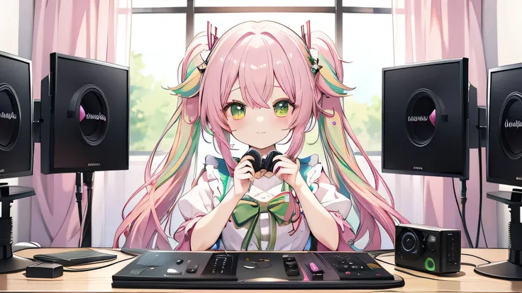 distributor、pink and green hair、ribbon、nanjamo、prism、monitor、condenser microphone