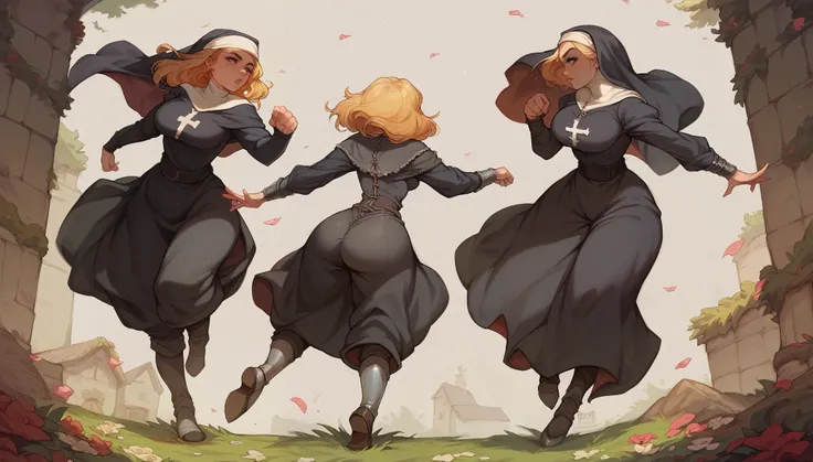 girl, battle nun, blonde hair, big breasts, big ass, MEDIEVAL CLOTHES, medieval gothic theme, full body pose