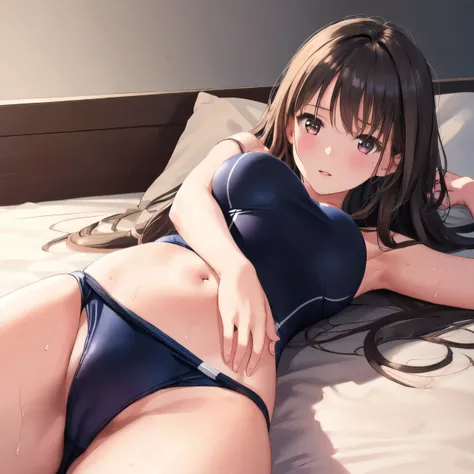 1 girl, long straight hair, cowboy shot, 4K, professional photos, HDR, detailed face, school swimsuit (full coverage swimsuit), Lying on the bed with her sukumizu off, lying down shamefully, There is sweat, beautiful breasts, Beautiful waist, breath, maste...