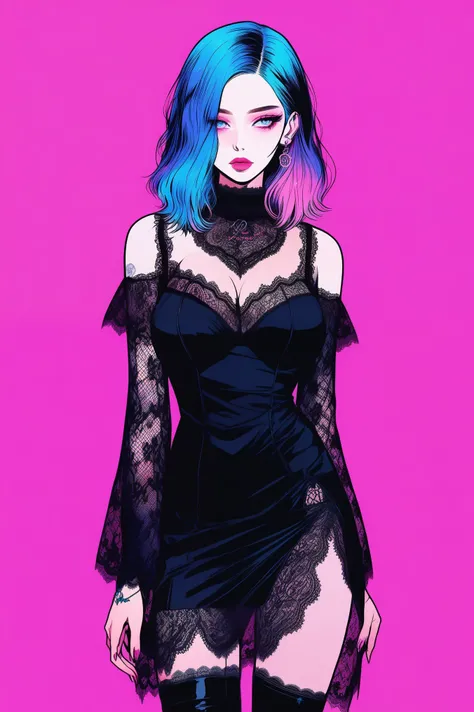 Illustrator, anime , realistic ,draft , 1 person, model, lips, A sheer, short black gothic dress with lots of lace..., command, Gradient blue and pink background, Neon hair color, big breasts, ทั้งdraftกาย, Look behind, Look sexy, t-pose, Texture Trim, Rus...