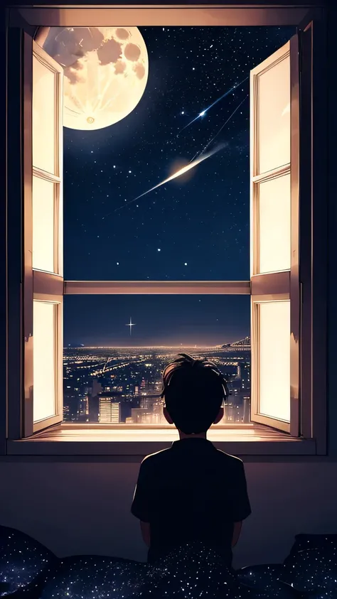 there is a boy looking out a window at the moon, night stary sky full of stars, bright moon, watching the stars, silhouette of a boy and his cat, window into sky behind them, looking at the stars, looking out, watching the stars at night, window to night t...