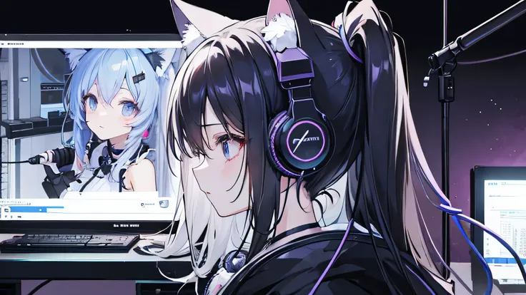 Distributor、Cat ear headphones、monitor、profile、beautiful girl、prism、Condenser microphone