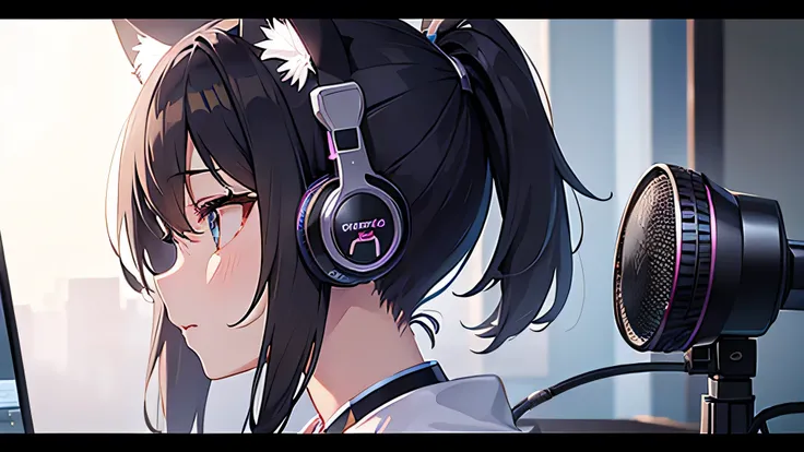 Distributor、Cat ear headphones、monitor、profile、beautiful girl、prism、Condenser microphone