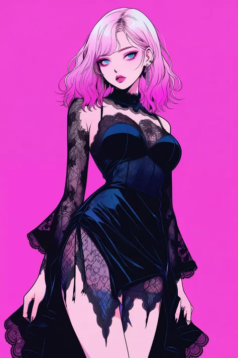 Illustrator, anime , realistic ,draft , 1 person, model, lips, A sheer, short black gothic dress with lots of lace..., command, Gradient blue and pink background, Neon hair color, big breasts, ทั้งdraftกาย, Look behind, Look sexy, t-pose, Texture Trim, Rus...