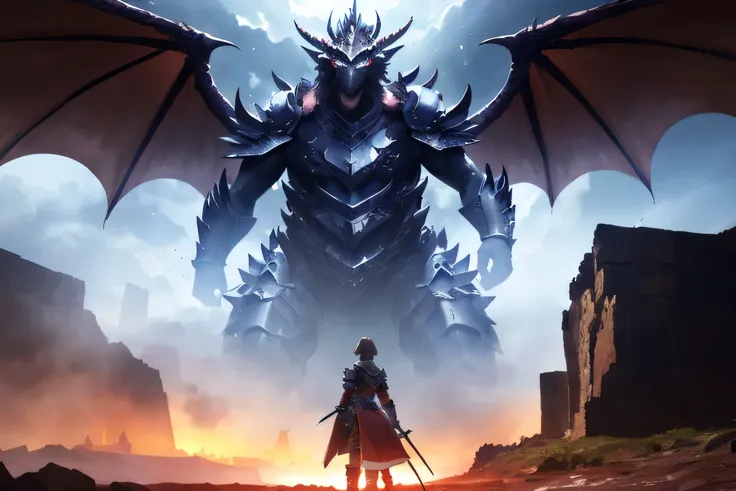 in the background is a giant monster hunter style dragon. (looks dim: 1.2), 1 girl, the girl is wearing armor, a girl with two s...