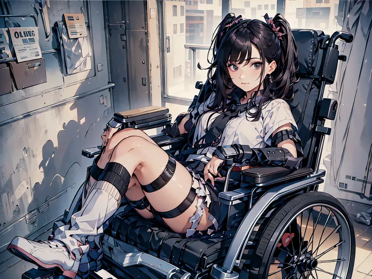 24 years old disabled woman in reclining electric wheelchair,she lies down on recling wheelchair,glaring,hair above eyes,heavy make up,((twintales hair)),((sliver hair)),white blouse,ribbon,black pleated skirt,earrings,((loose socks)), ((lace up boots)),((...