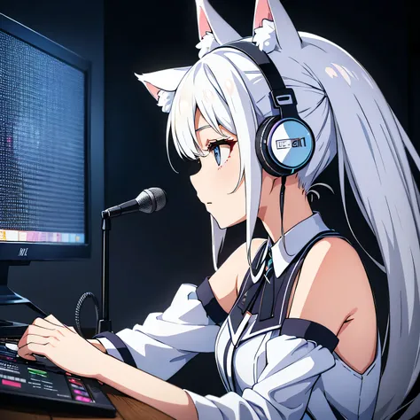 Distributor、Cat ear headphones、monitor、profile、beautiful girl、prism、Condenser microphone、White Hair、electronic sound