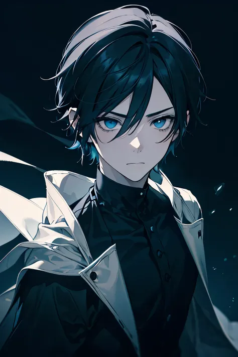 A boy with hair a little above shoulder length in black, cyan colored eyes, very clear skin, serious and tired face, wearing black clothes. Dark and gloomy image background